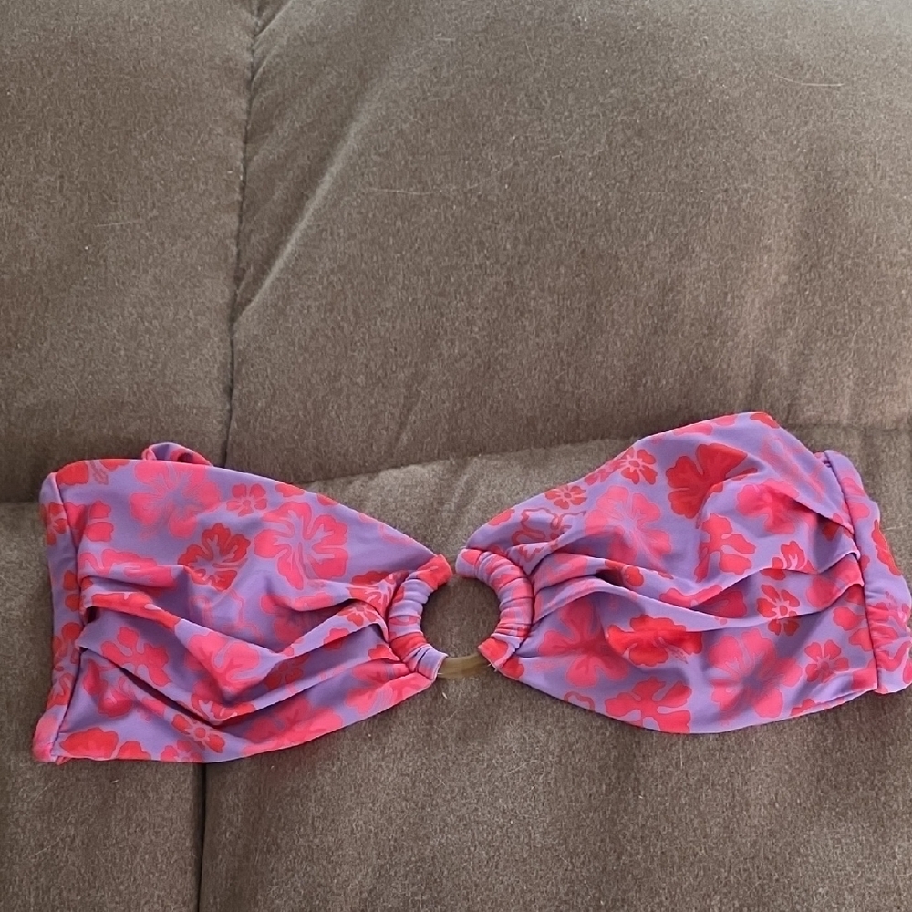 Kulani Kinis Purple and Coral Floral Ring Bandeau Bikini Top